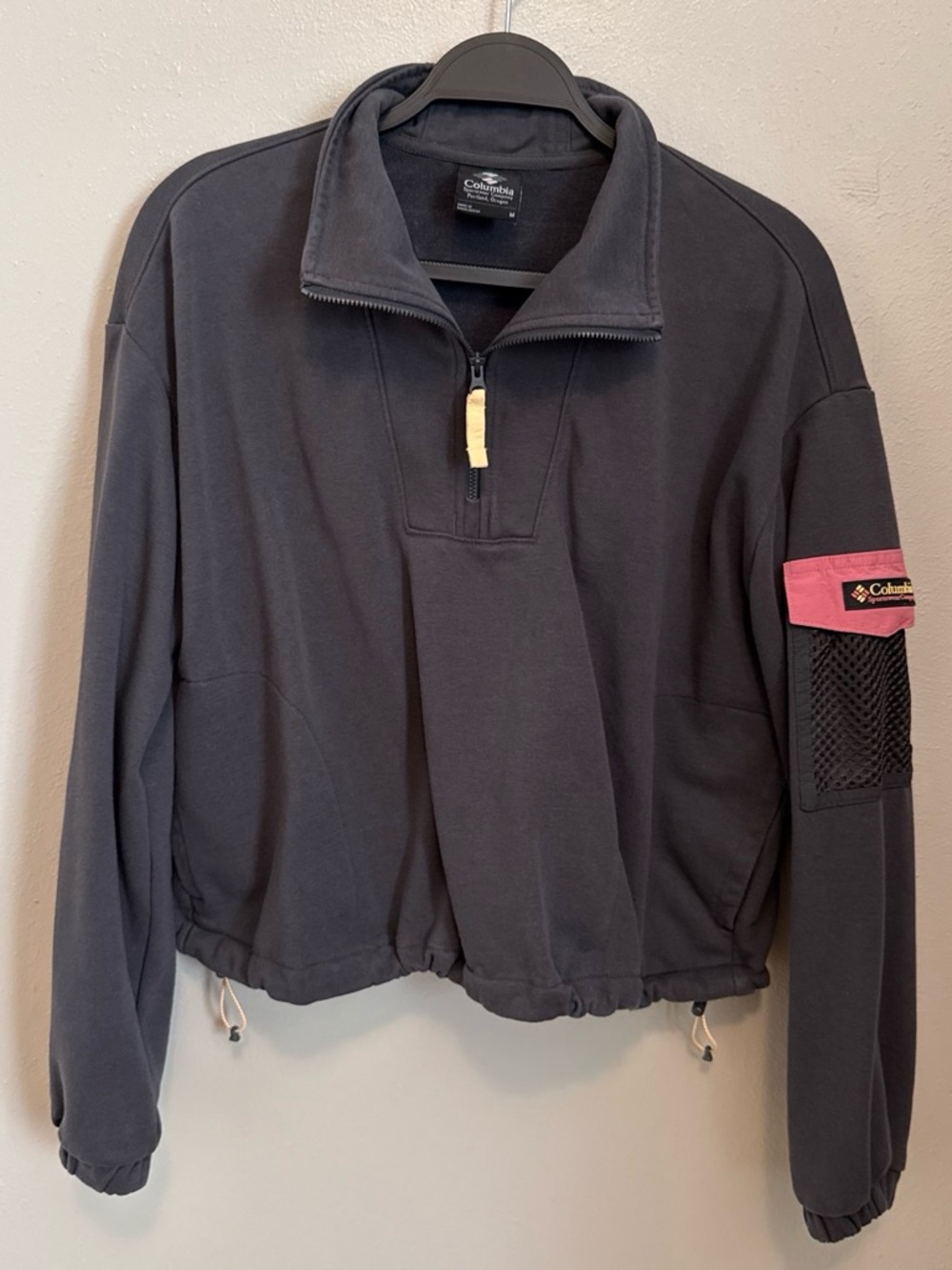 Columbia Women's Grey Half-Zip Pullover Sweater with Pink Arm Accent Pocket